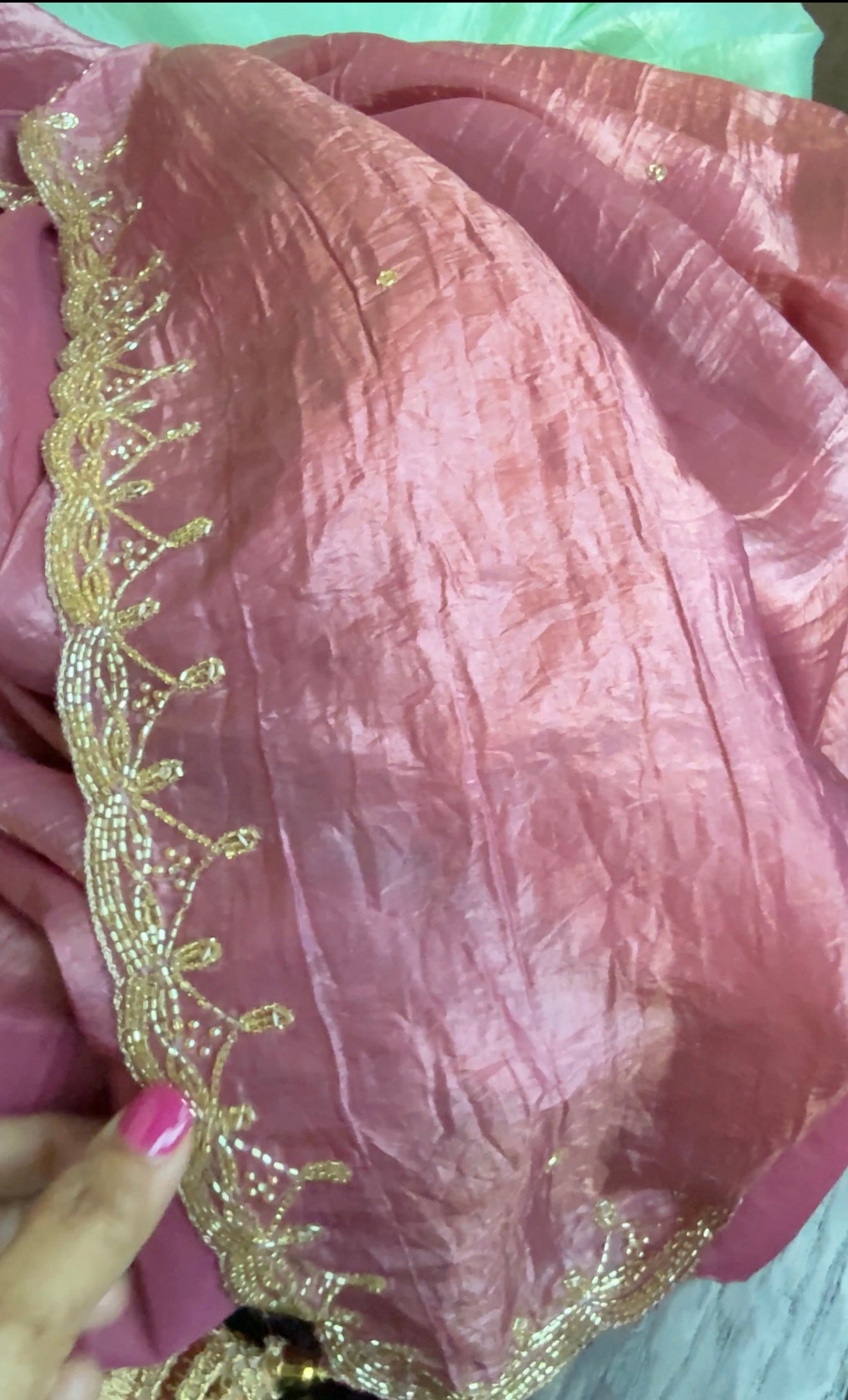 Designer Crushed Tissue Silk - Onion Pink Embroidered