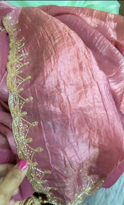 Designer Crushed Tissue Silk - Onion Pink Embroidered