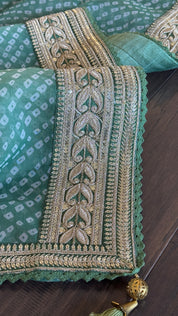 Designer Organza Bandhej - Sage Green Gota Patti