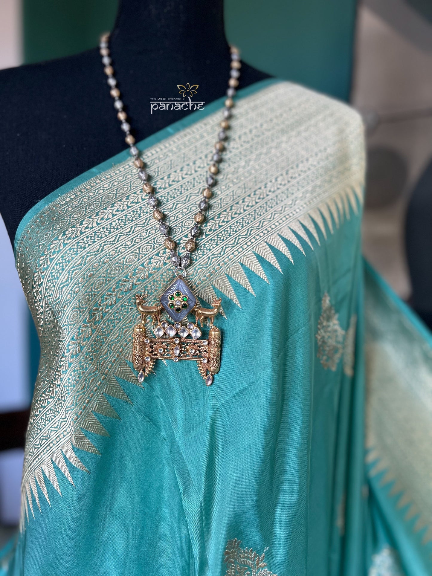 Pure Katan Silk Banarasi - Aqua Sea Green Antique Zari