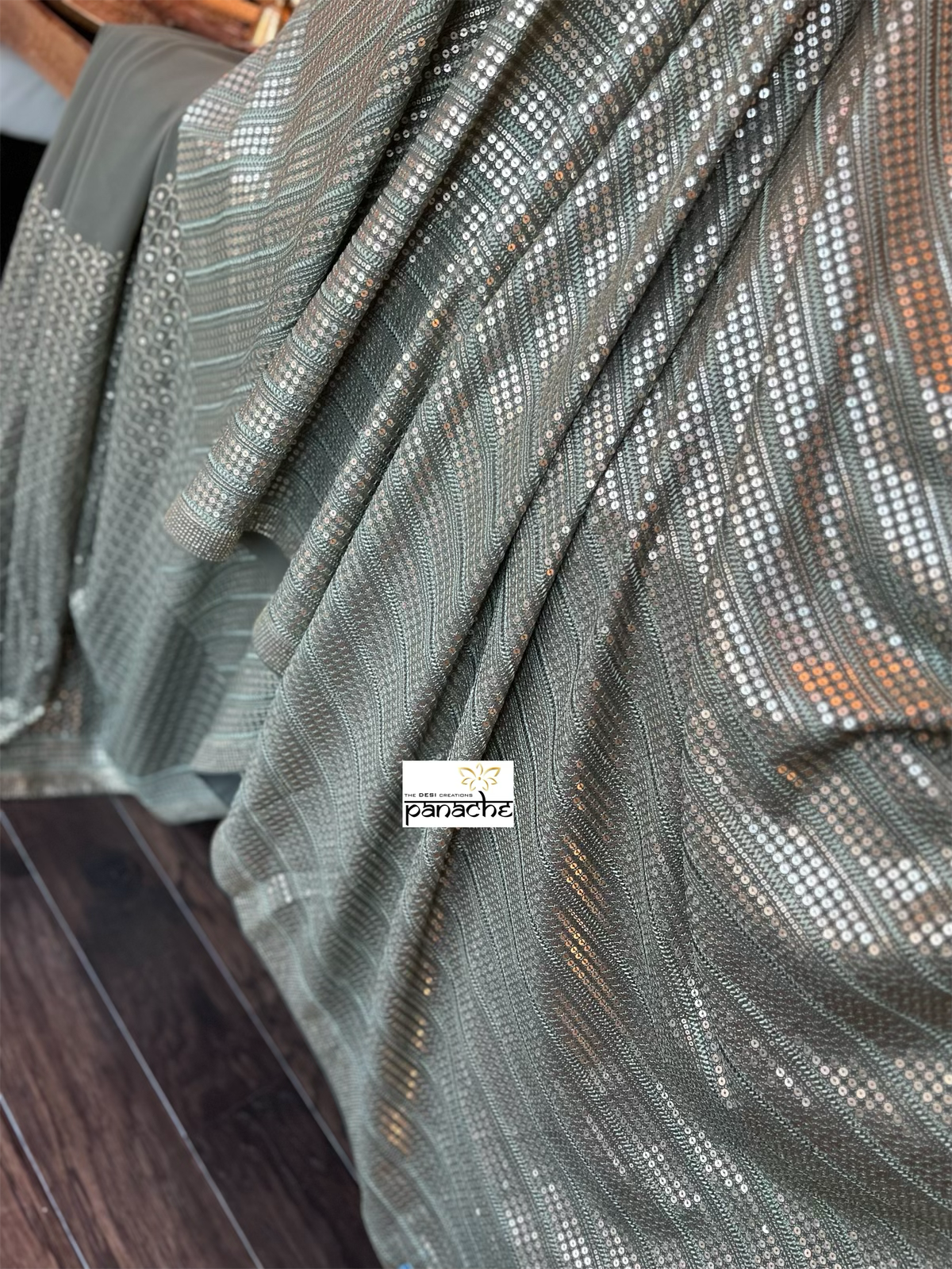 Designer Sequin Georgette - Light Moss Green Sequin work