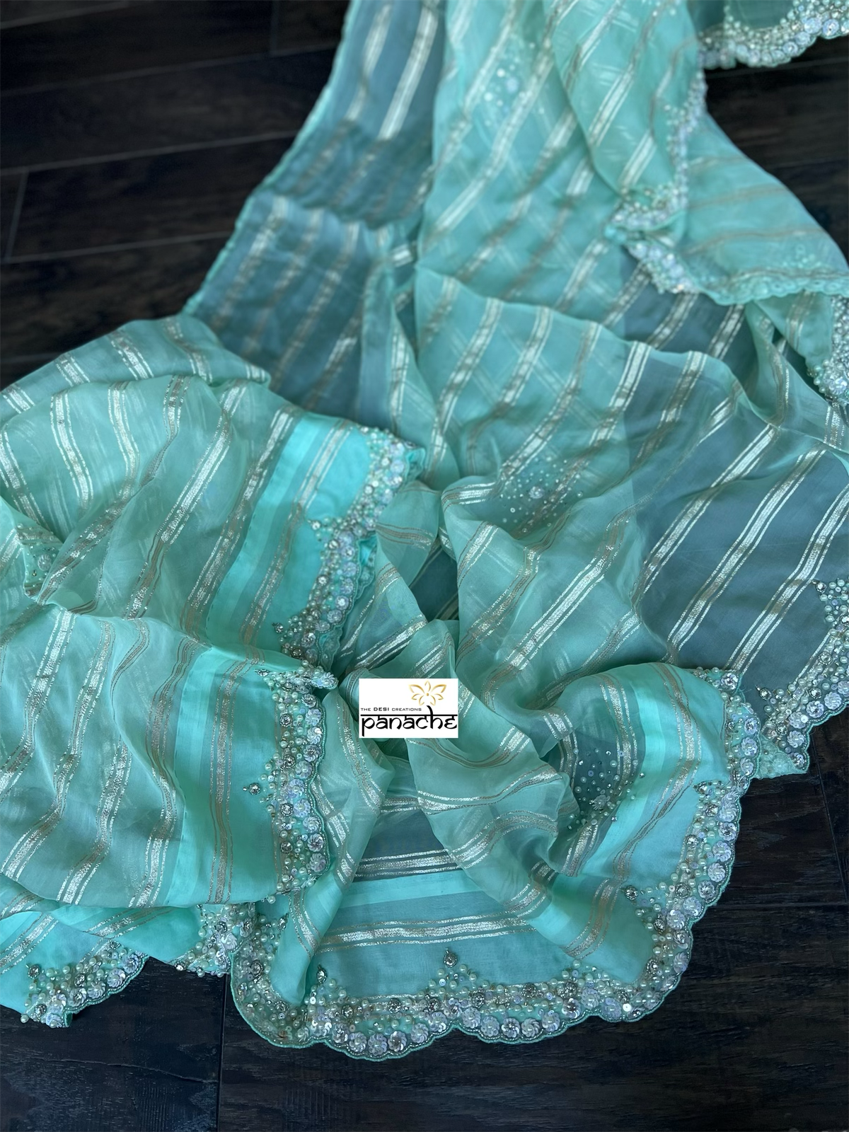 Designer Georgette Organza Hand Embroidered - Sea Green