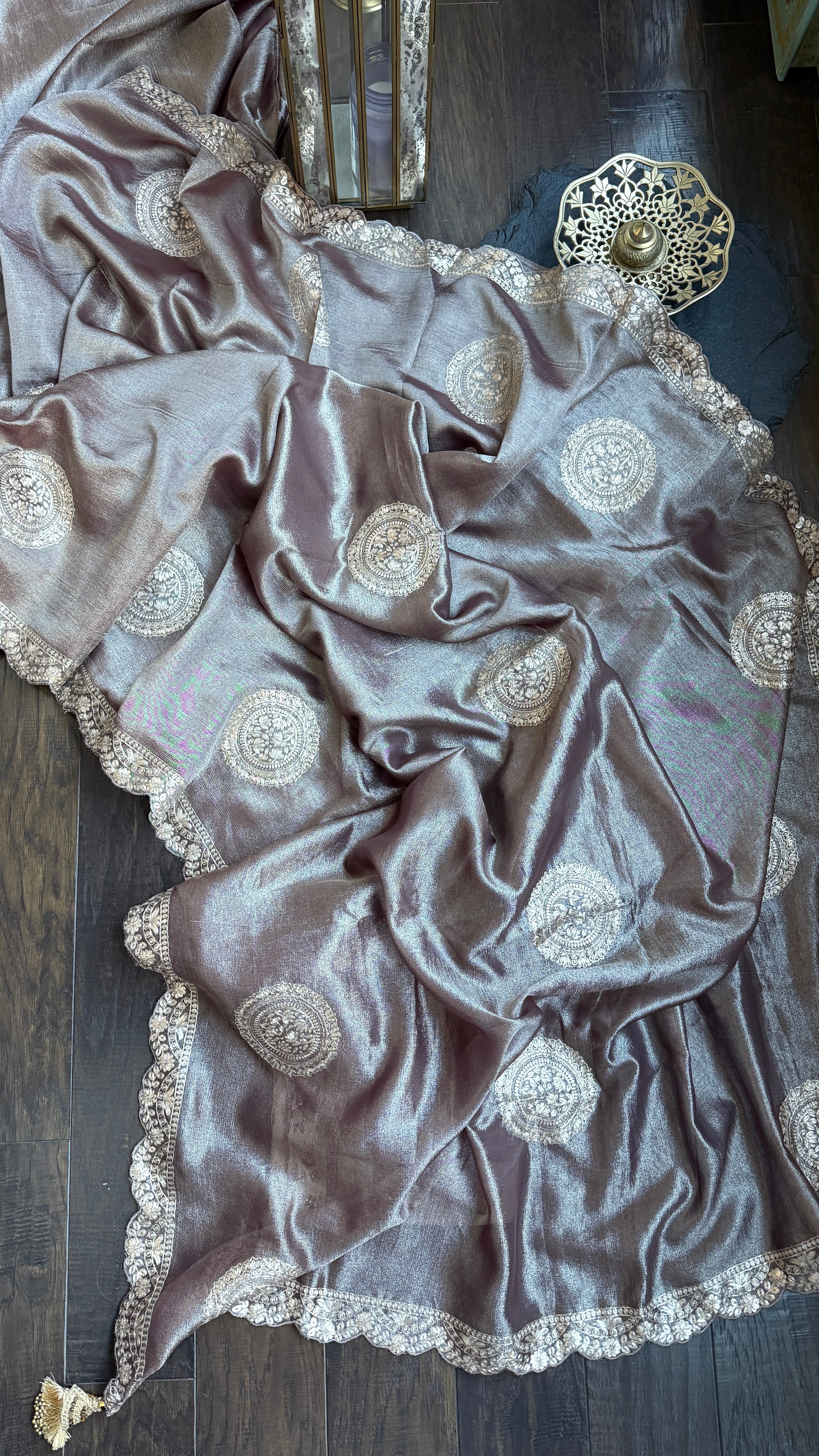 Designer Crushed Tissue Georgette - Brown Hand Pitta Work
