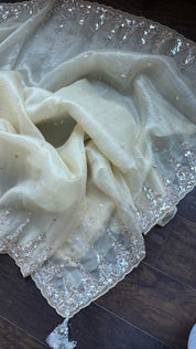 Designer Crushed Chiffon - Light Butter Yellow Sequin Hand Work
