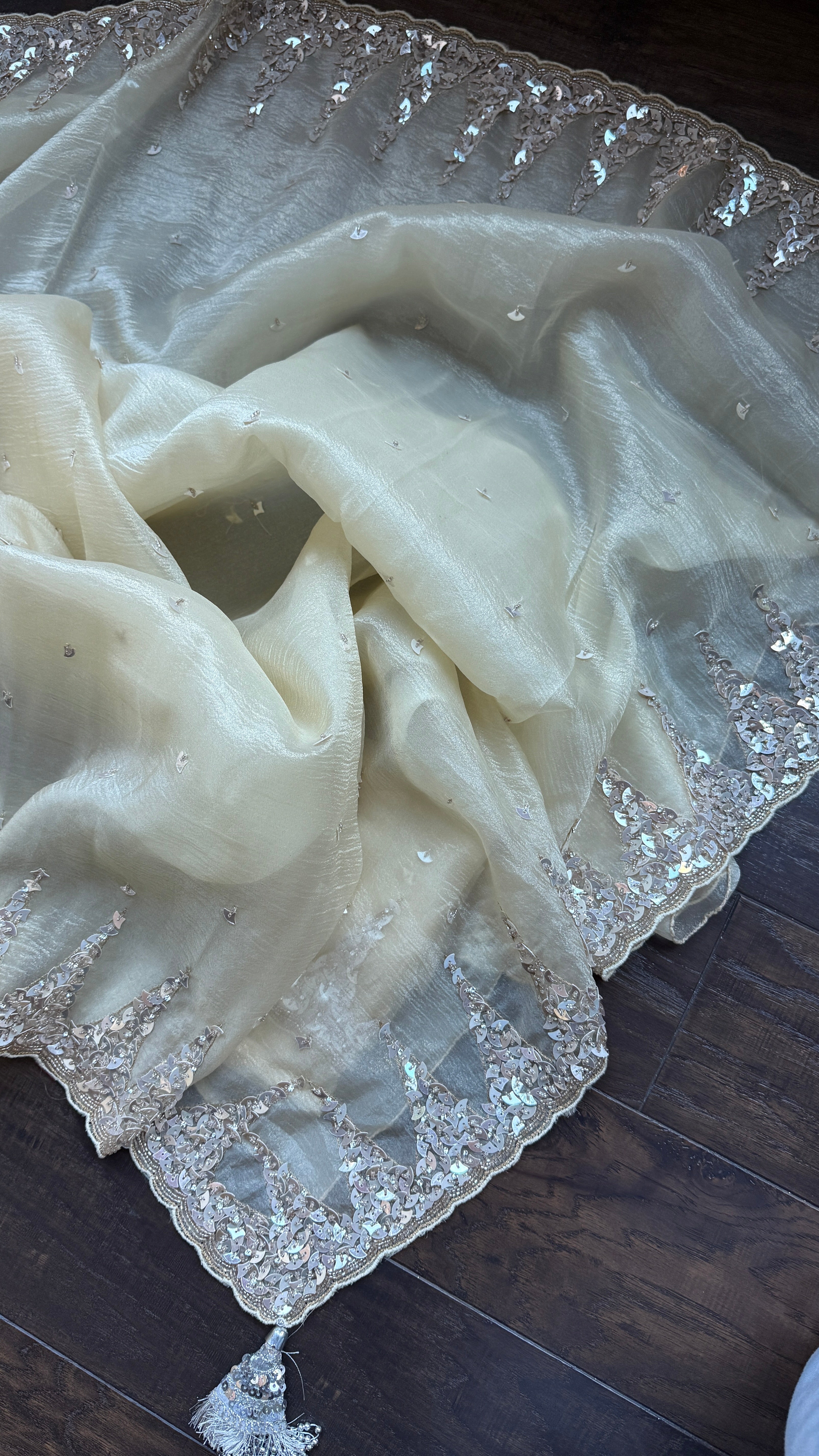 Designer Crushed Chiffon - Light Butter Yellow Sequin Hand Work