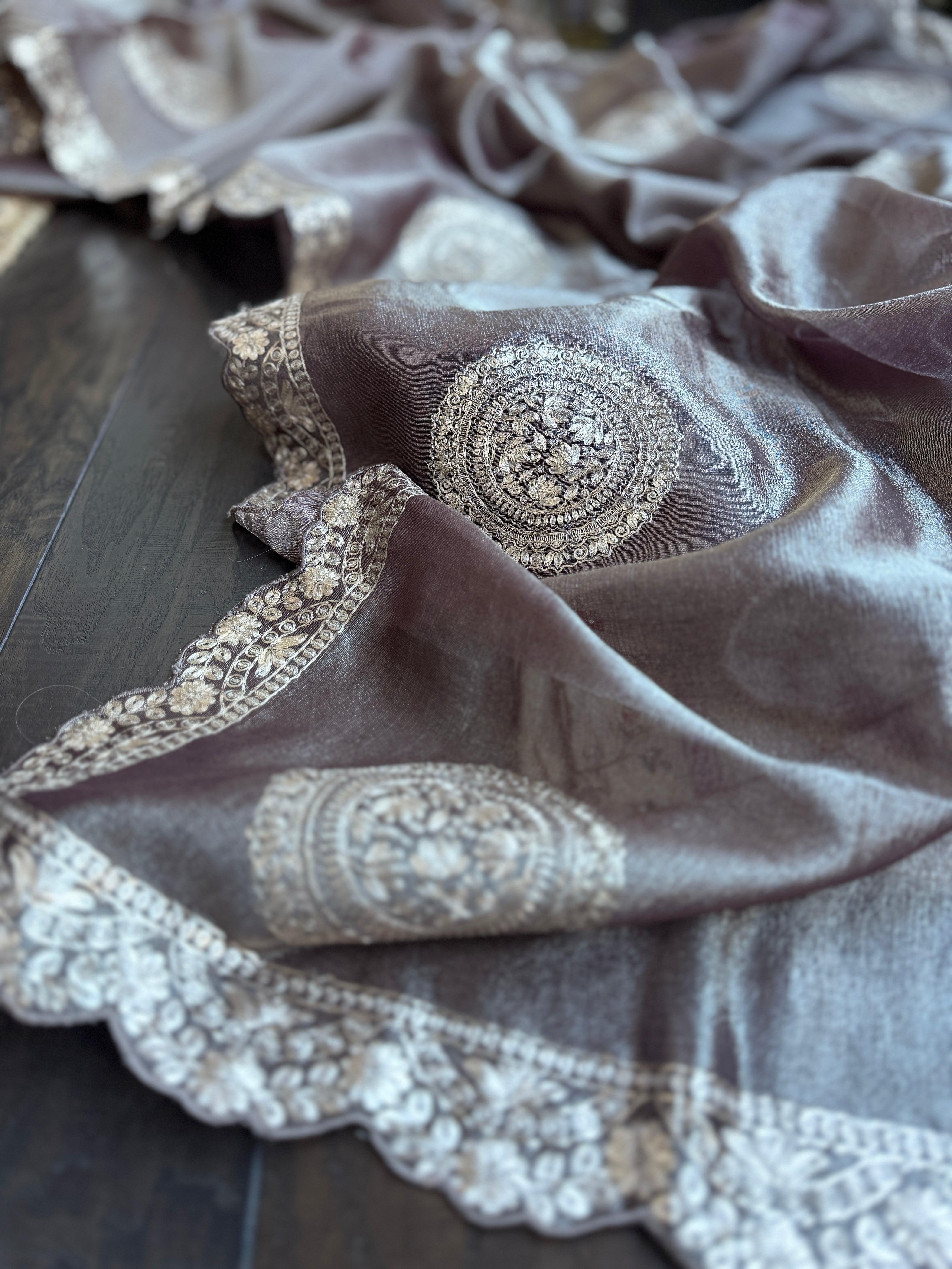 Designer Crushed Tissue Georgette - Brown Hand Pitta Work