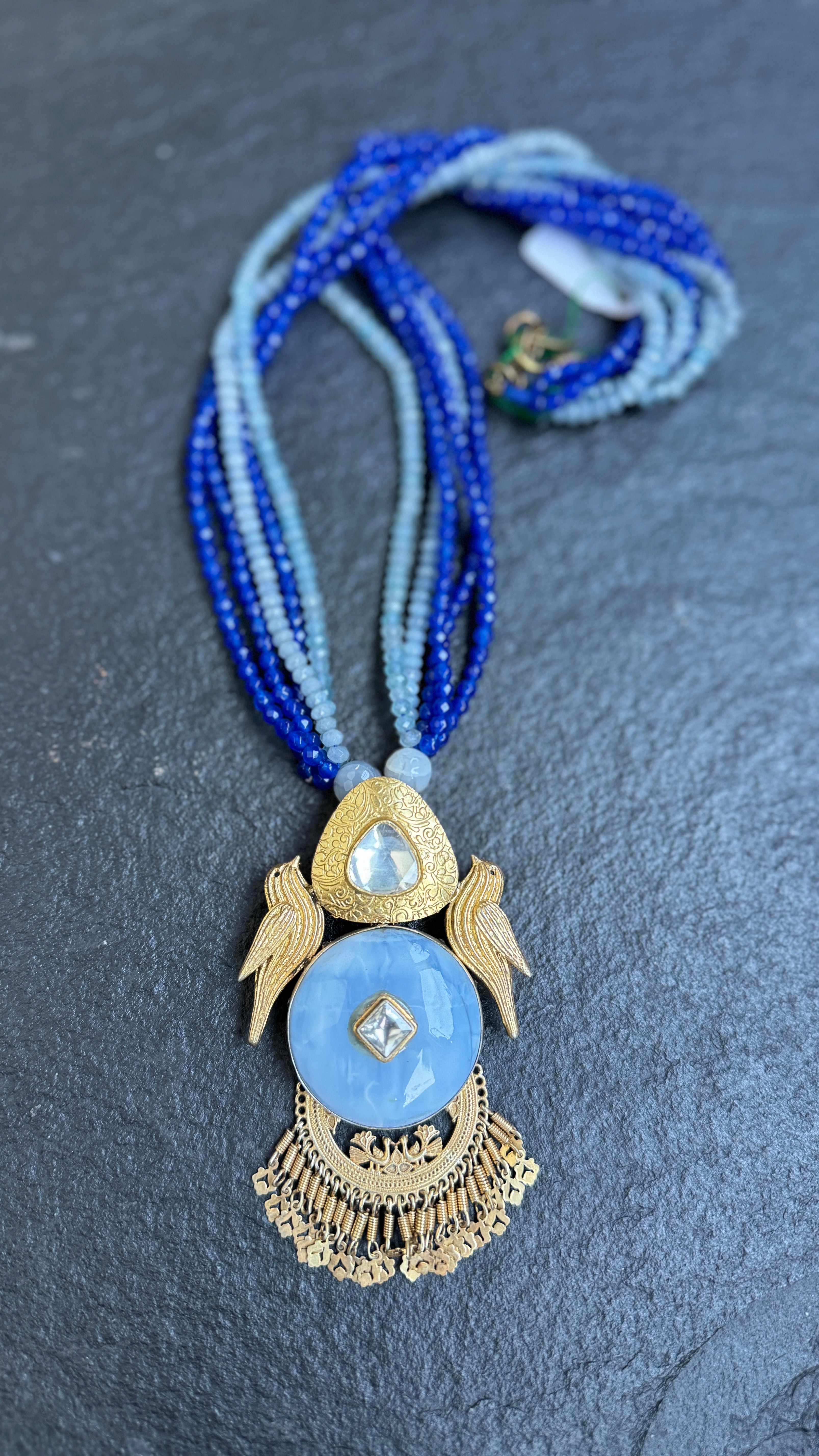 Silver Long Beaded Necklace - Blue Pendant