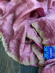 Designer Crushed Tissue Silk - Onion Pink Embroidered