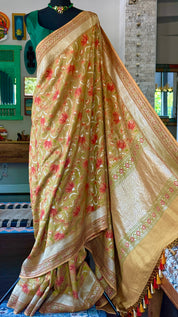 Tussar Georgette Banarasi - Ochre Yellow Green Kadwa
