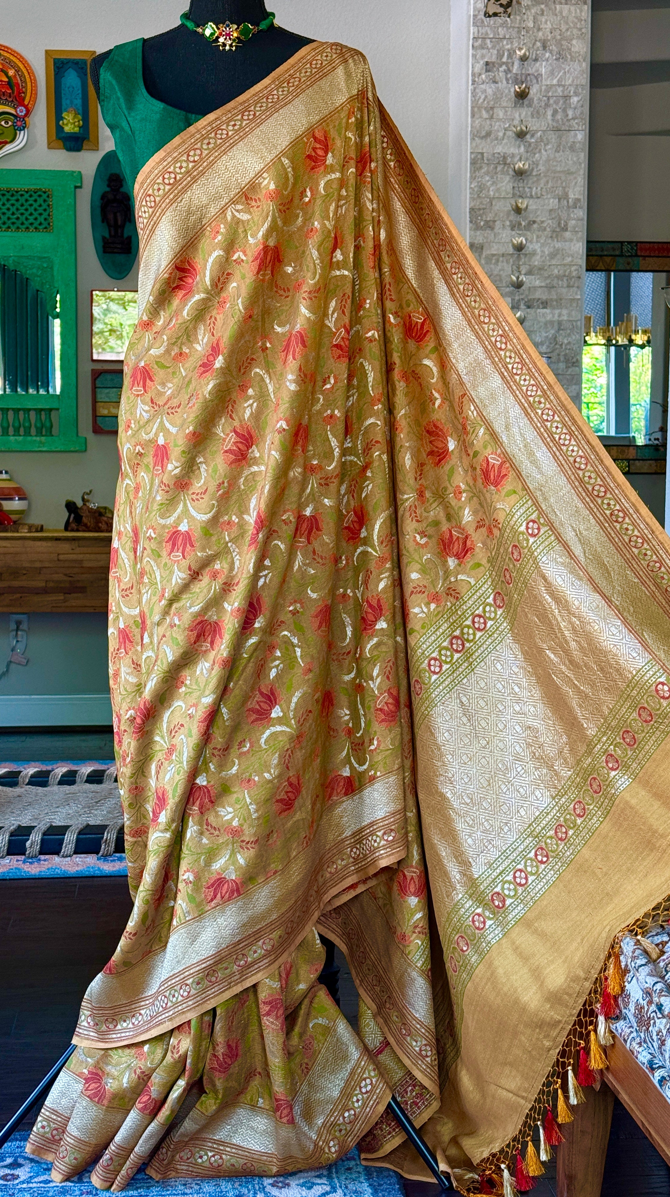 Tussar Georgette Banarasi - Ochre Yellow Green Kadwa