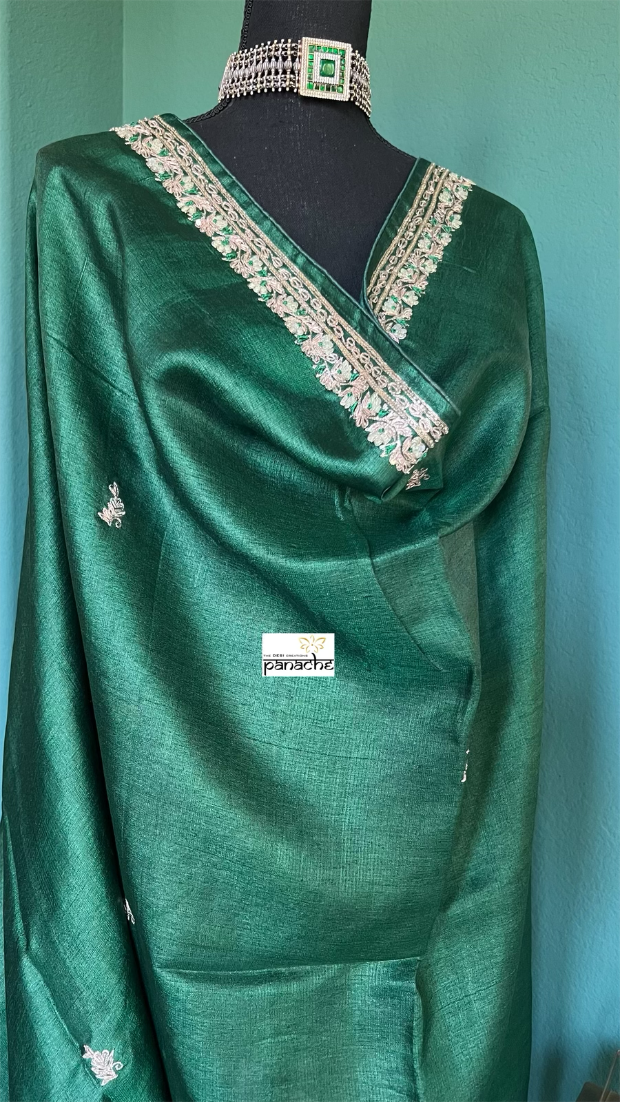 Designer Tussar Silk - Green Hand Embroidered