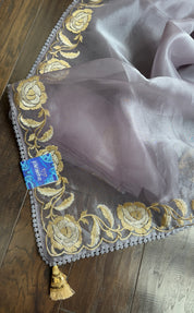 Designer Tissue Organza Embroidered - Silver Grey
