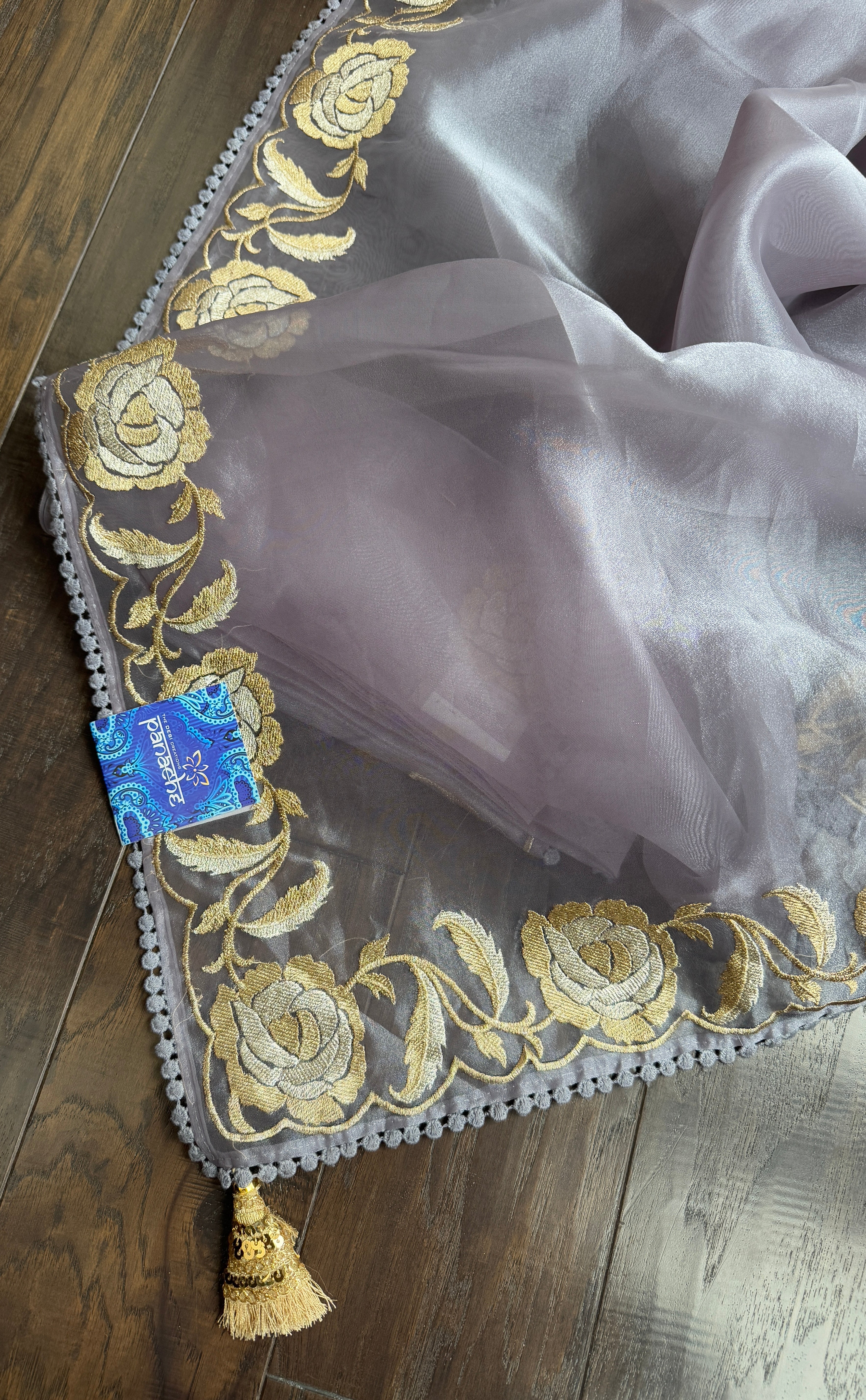 Designer Tissue Organza Embroidered - Silver Grey