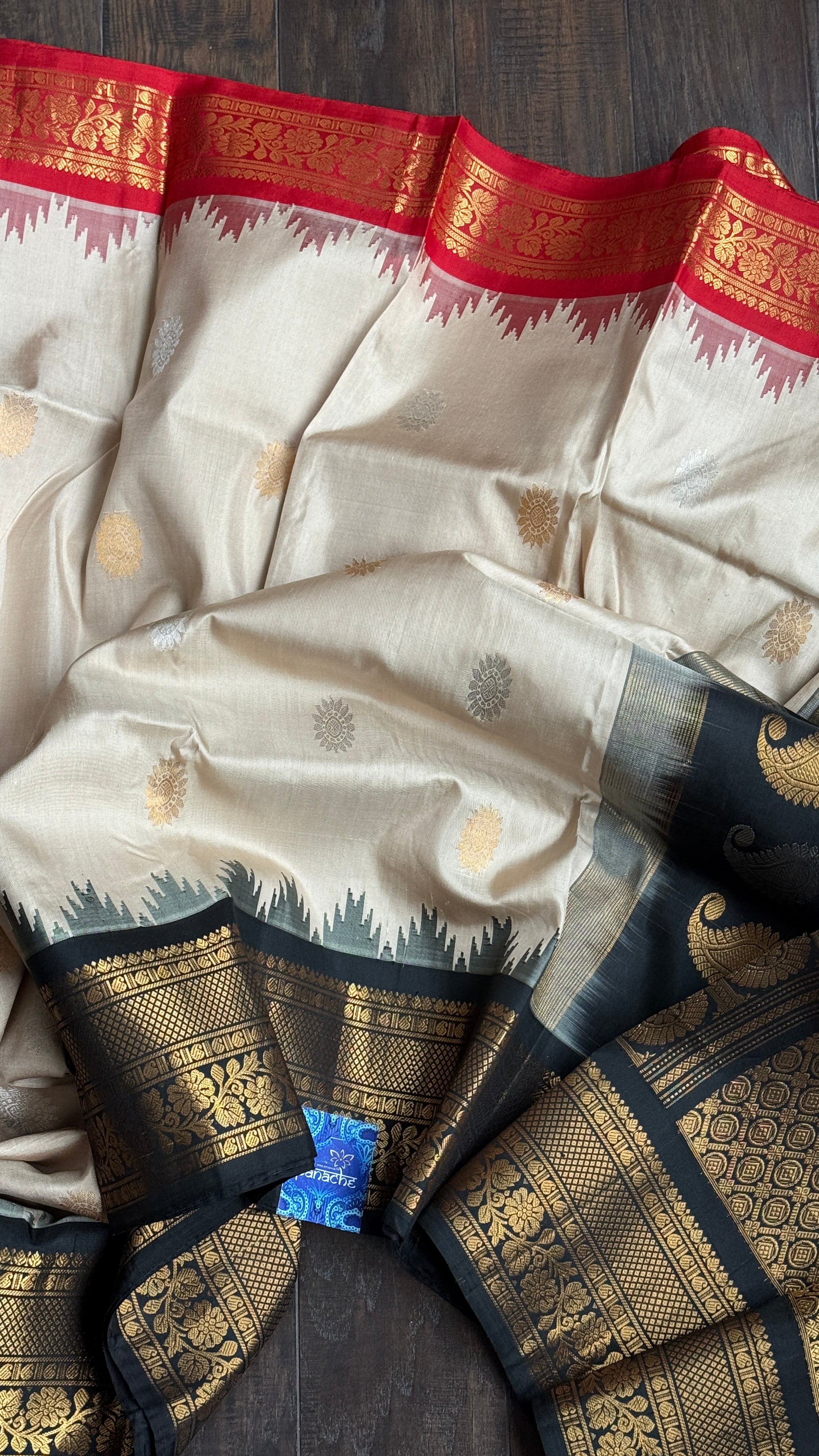 Pure Silk Gadwal - Tan Red Black Ganga Yamuna