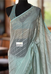 Designer Georgette Organza - Mint Hand Embroidered
