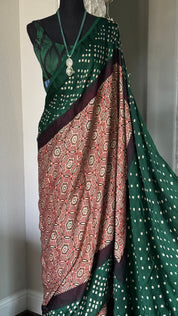 Modal Silk Ajrakh Bandhej - Maroon Green