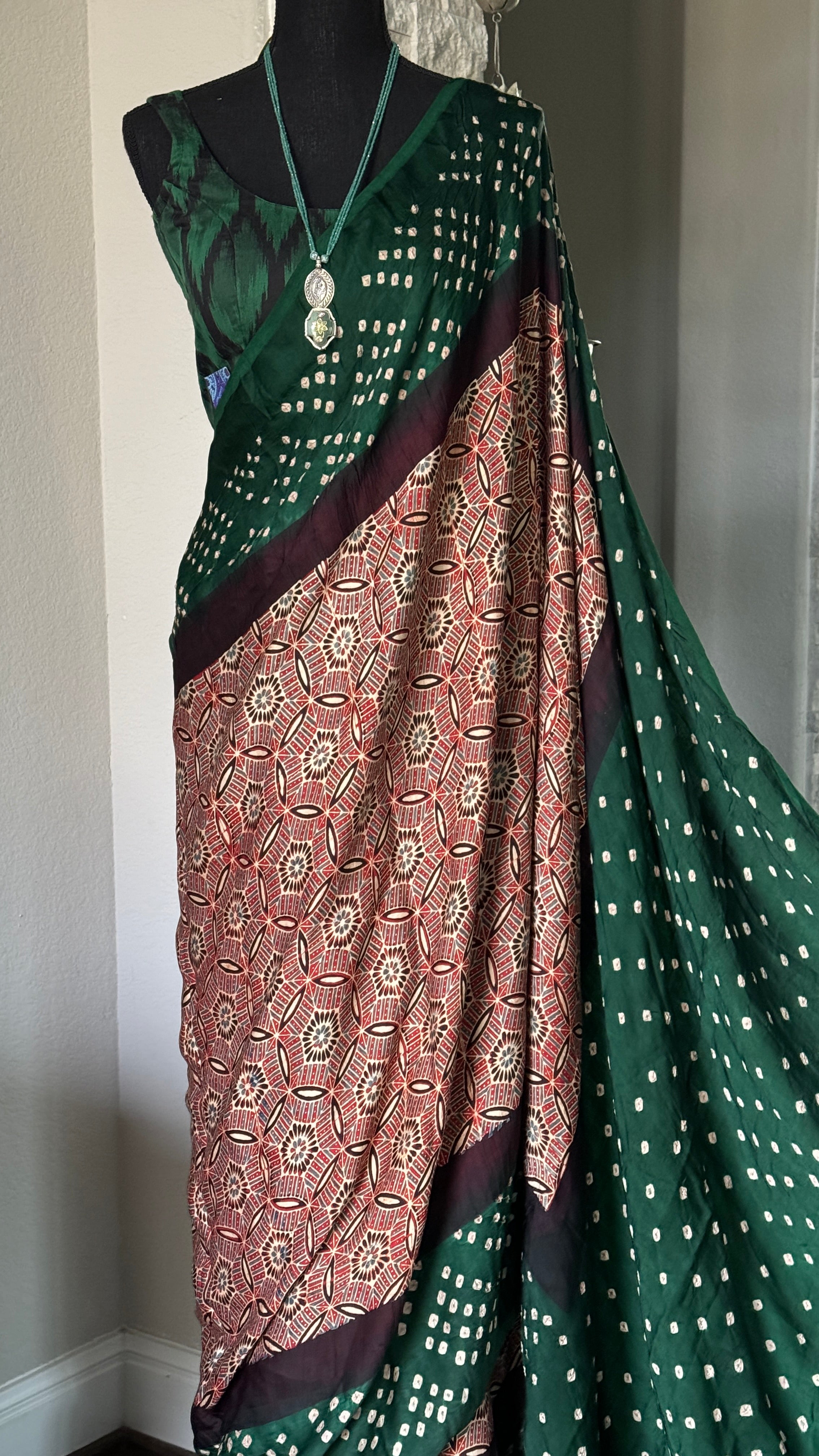 Modal Silk Ajrakh Bandhej - Maroon Green