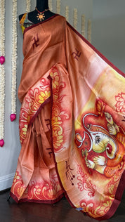 Hand Painted Tussar Silk - Rust Ganesha