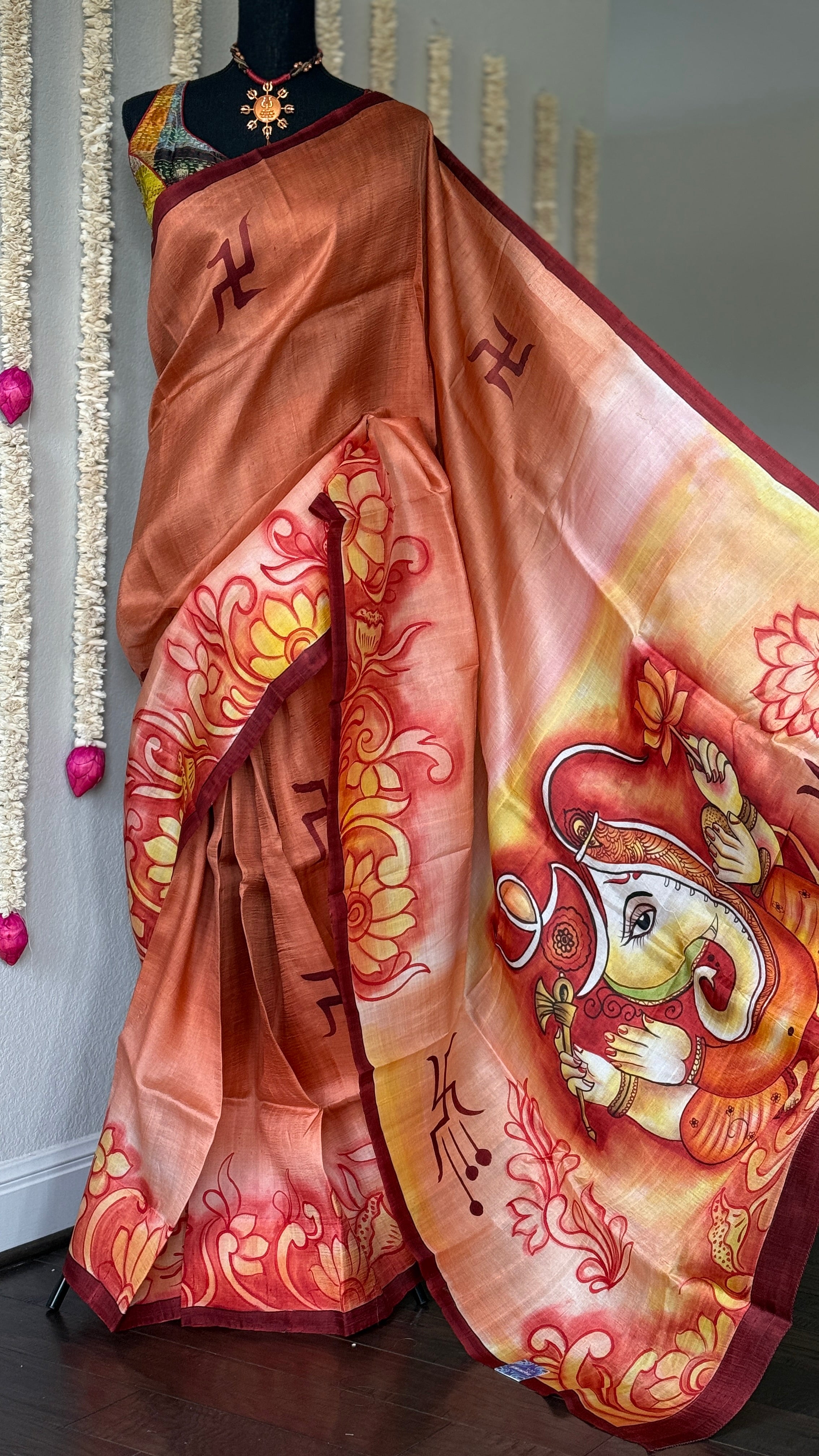 Hand Painted Tussar Silk - Rust Ganesha
