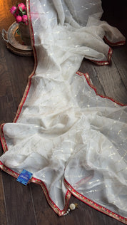 Designer Organza - Off White Silver Zari Leheriya
