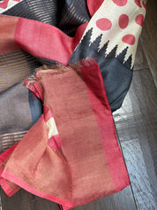 Pure Tussar Silk - Beige Red Black Polka