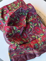 Pure Tussar Silk Stole - Wine Color Kantha Stitch
