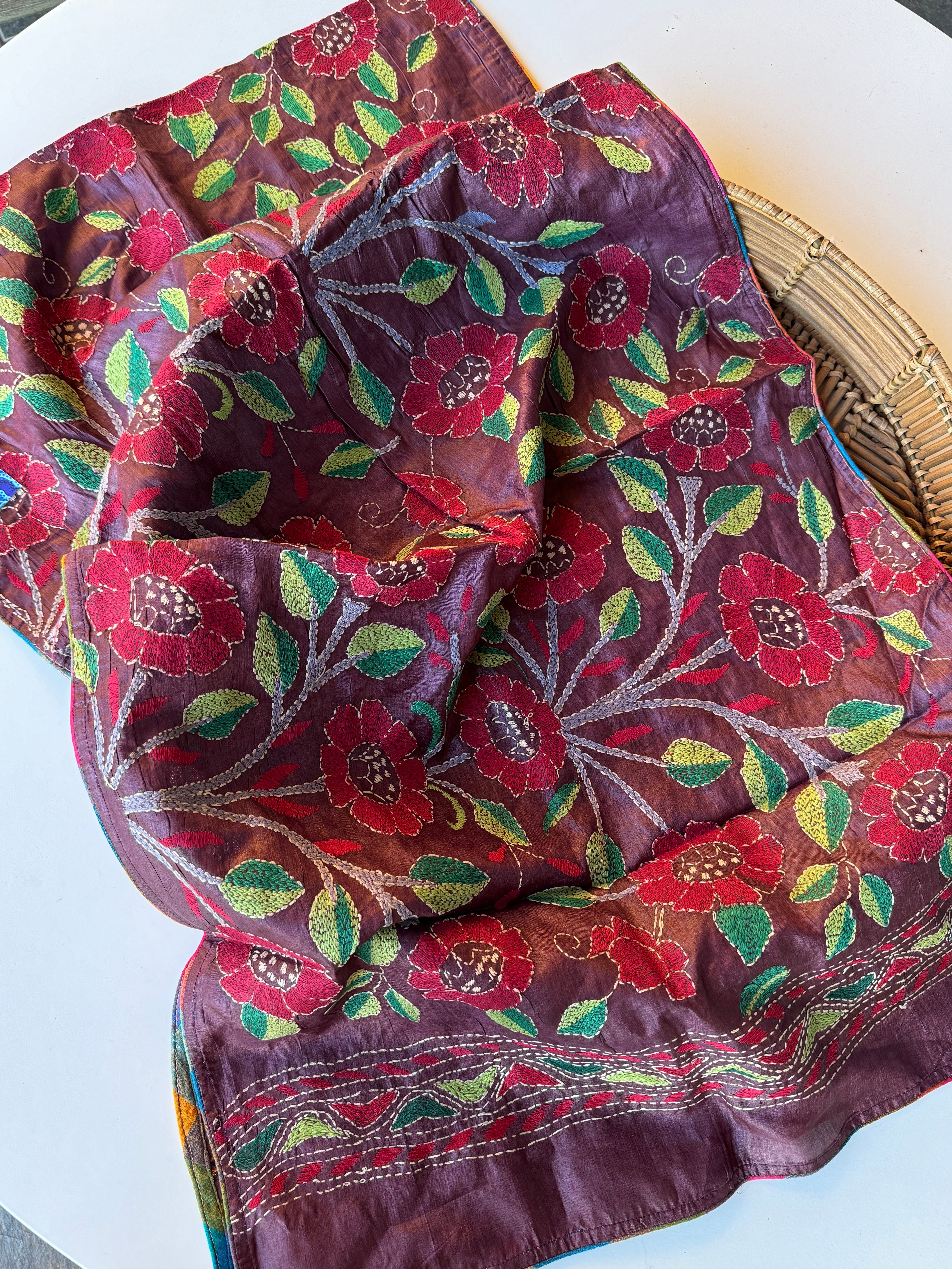 Pure Tussar Silk Stole - Wine Color Kantha Stitch