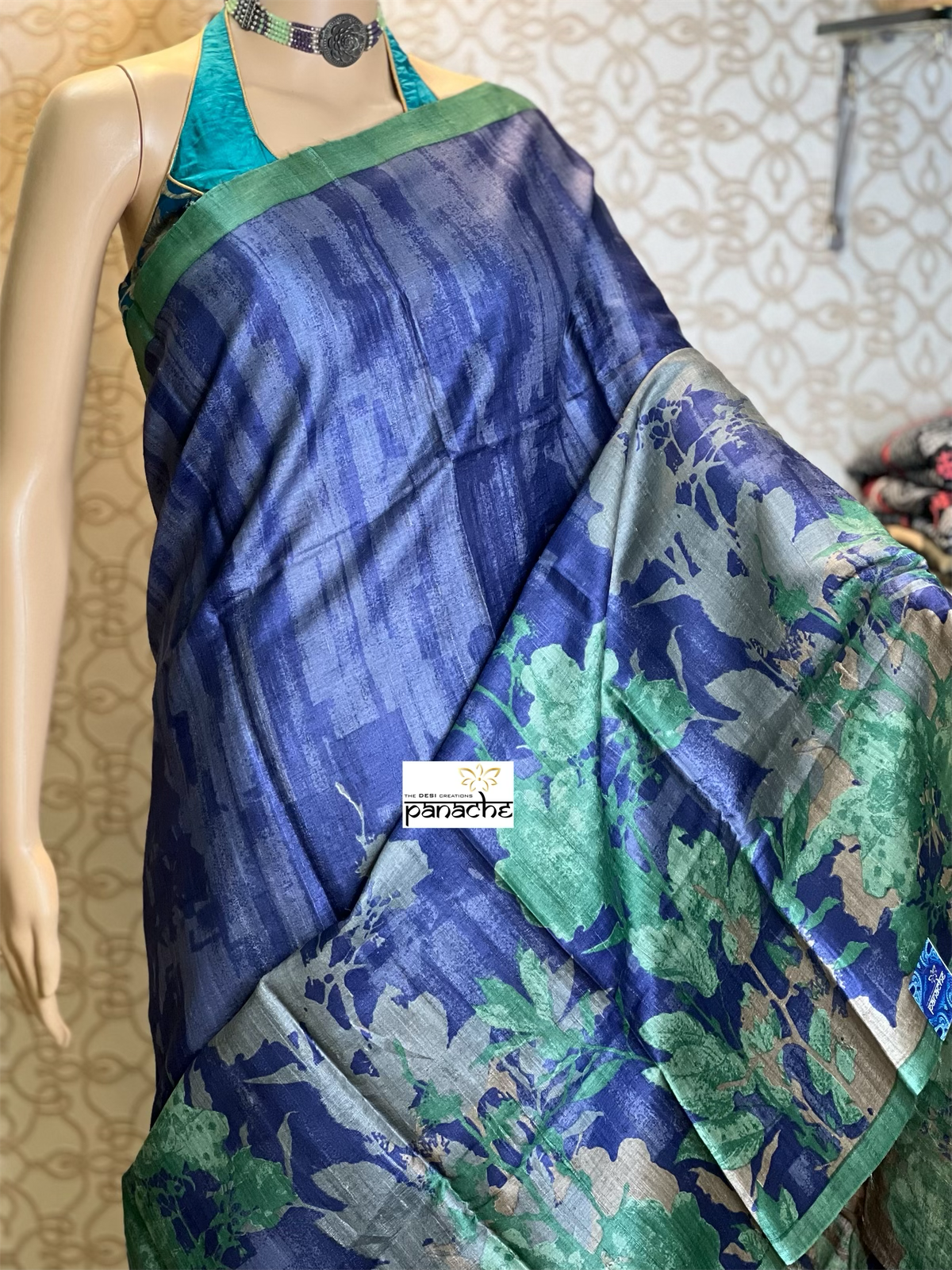 Pure Tussar Silk - Metallic Blue Digital Printed