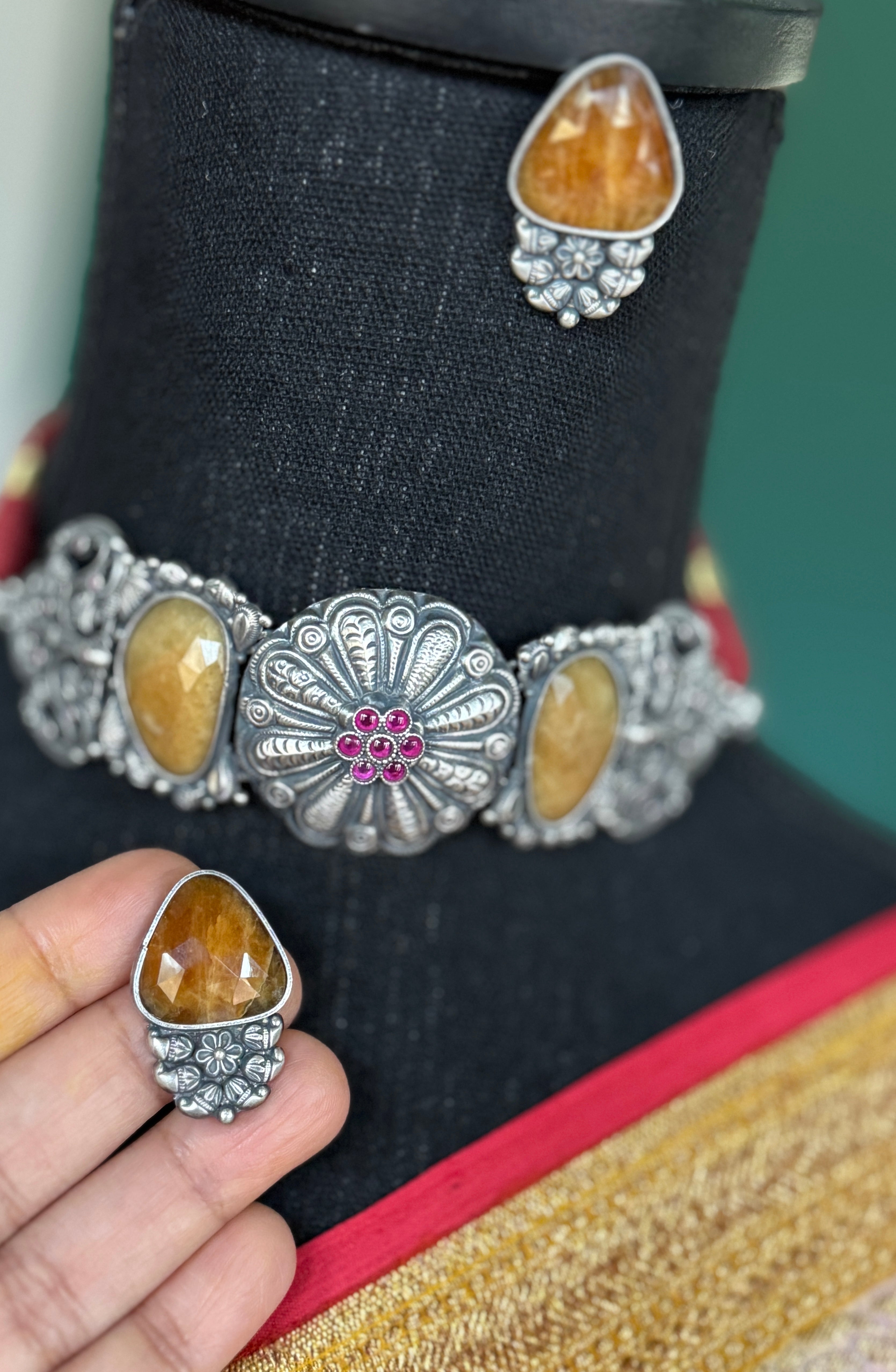 Choker Earring Set 925 Silver - Yellow Sapphire