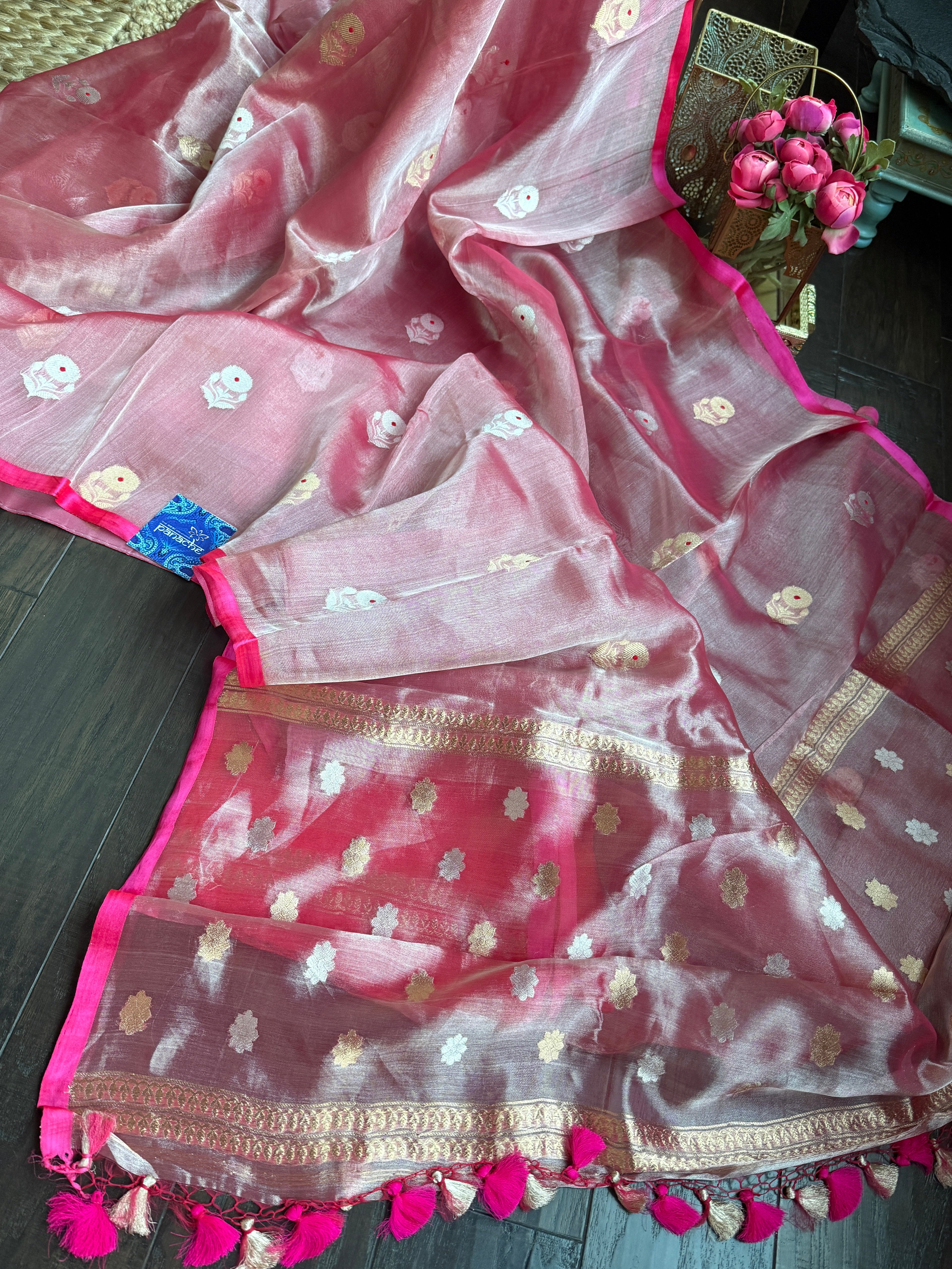 Tissue Organza Silk Banarasi - Pink Metallic Meenakari