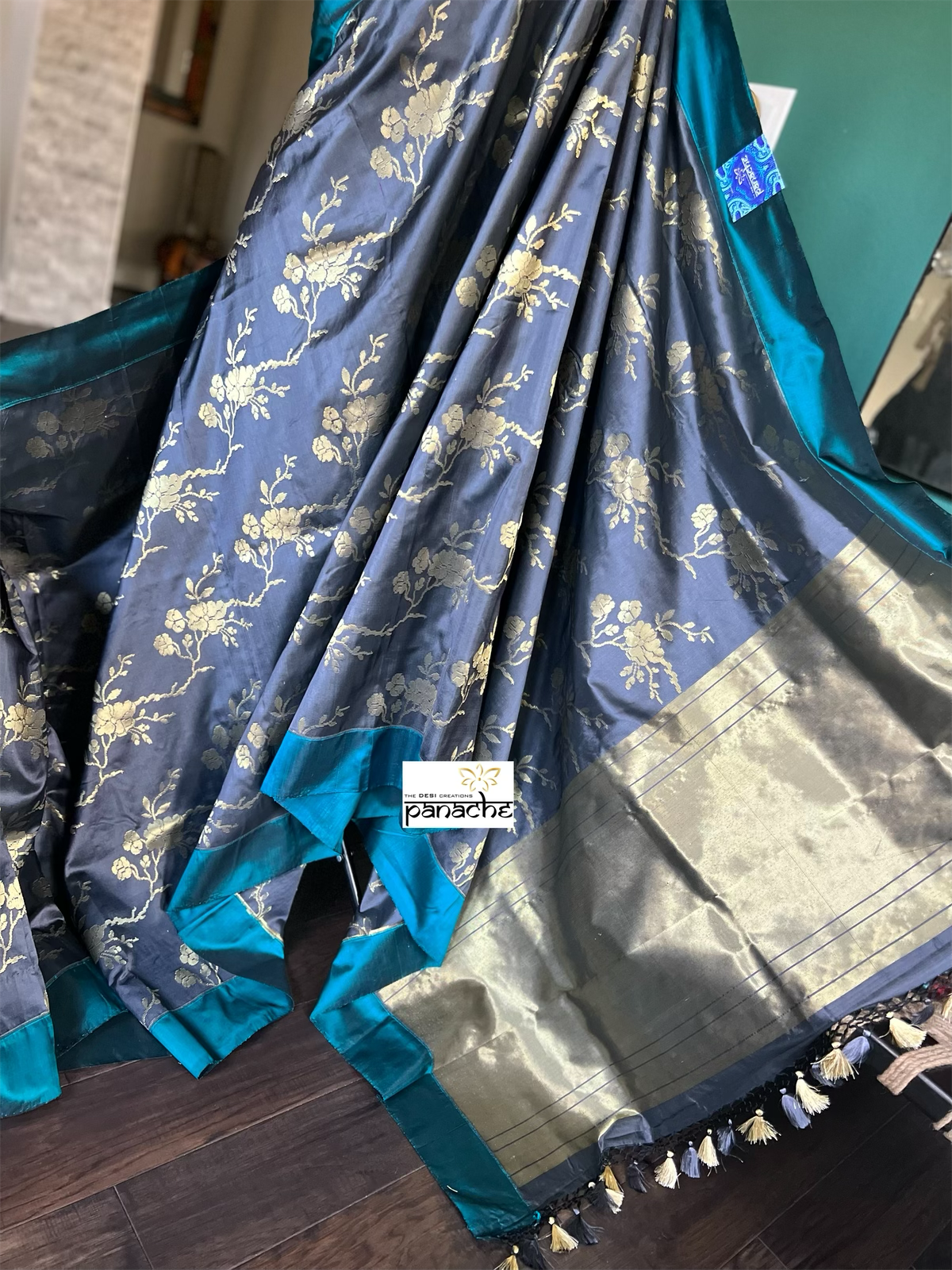 Pure Silk Katan Banarasi - Grey Teal Blue