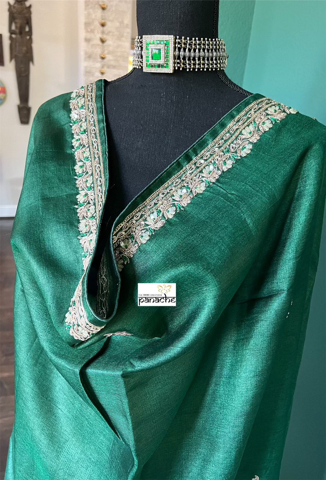 Designer Tussar Silk - Green Hand Embroidered