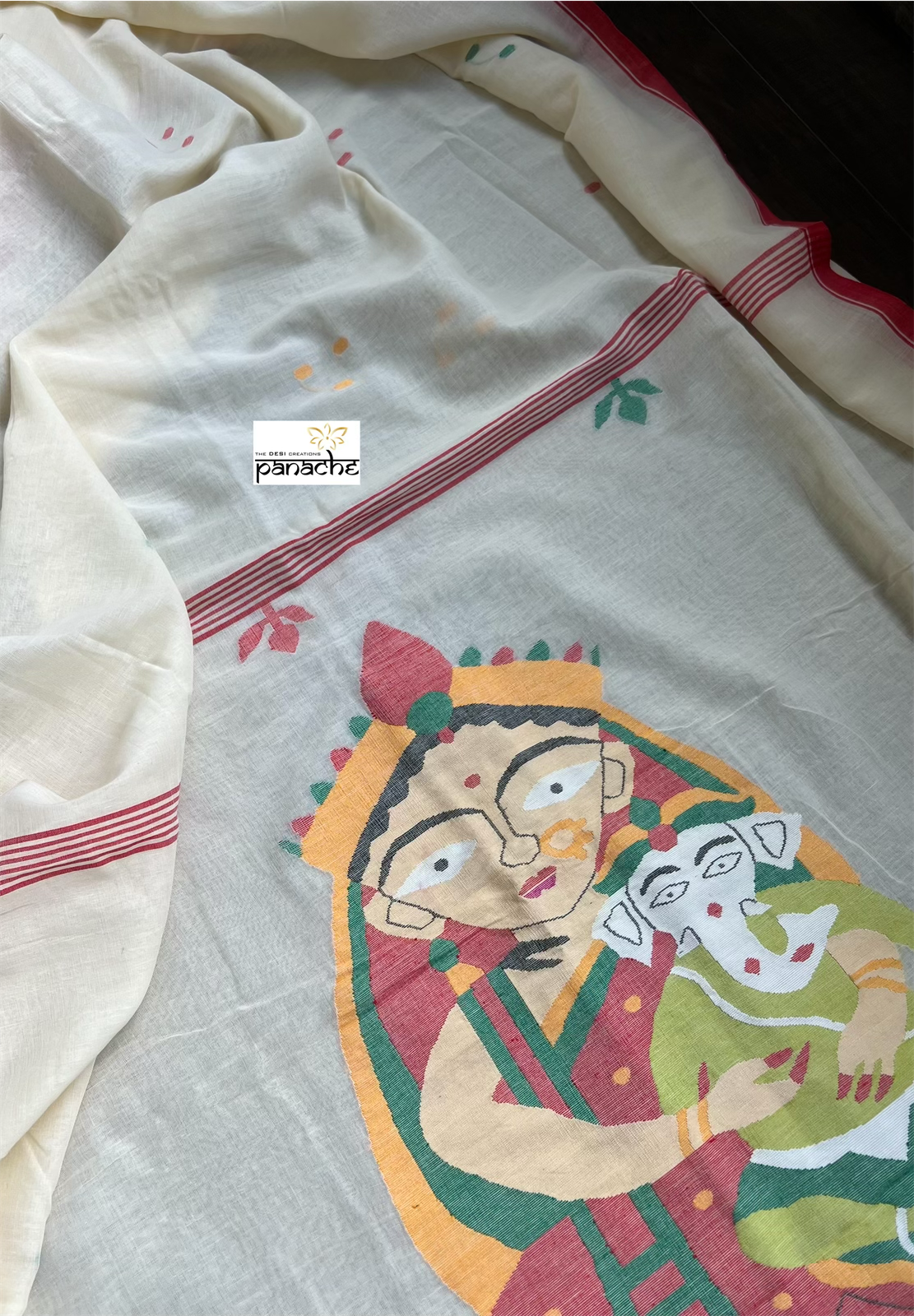 Pure Khadi Cotton - Light Butter Cream Durga Ganesha