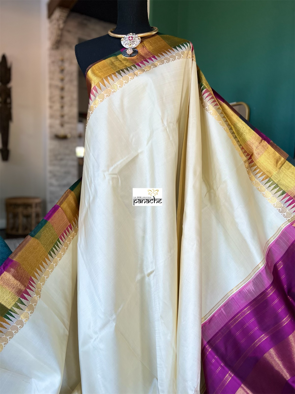 Silk Kanjivaram - Cream Purple Rangkat