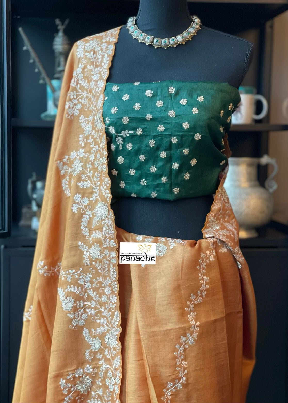Designer Tussar Silk - Sunrise Orange Green Leheriya Hand Embroidered