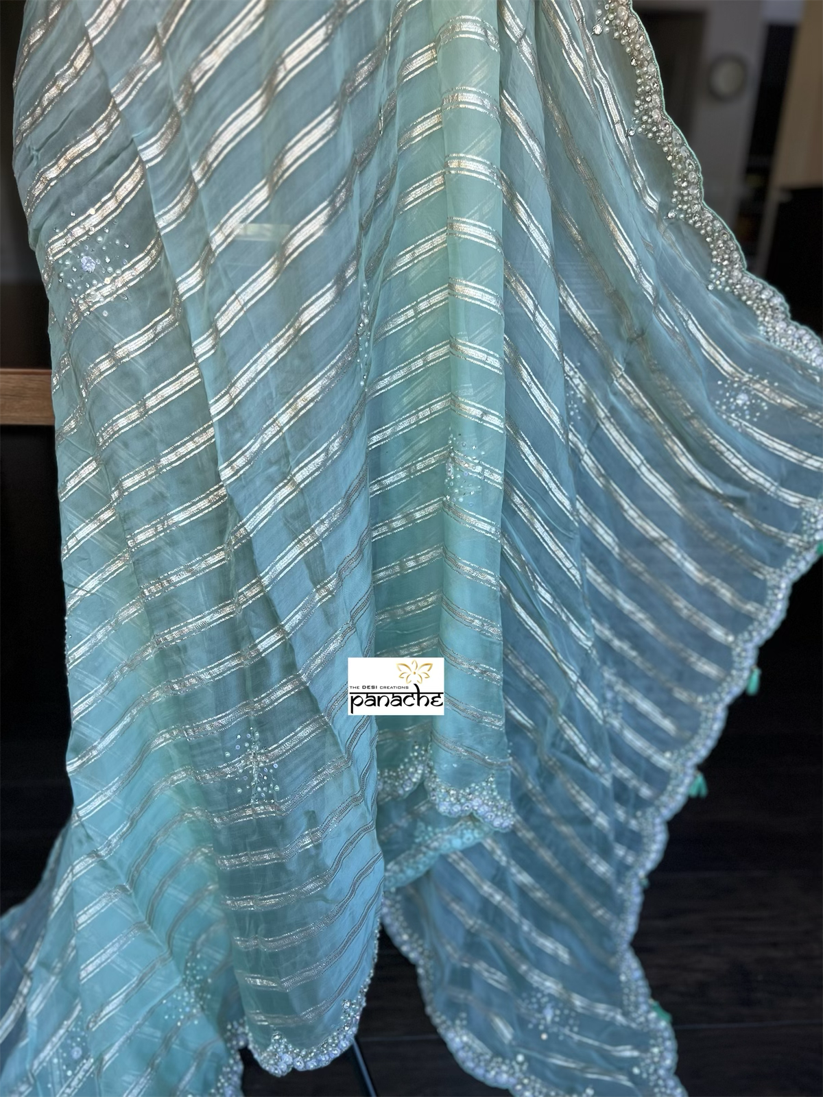 Designer Georgette Organza Hand Embroidered - Sea Green