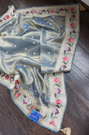 Designer Tissue Silk Paithani - Mettalic Grey Blue Embroidered