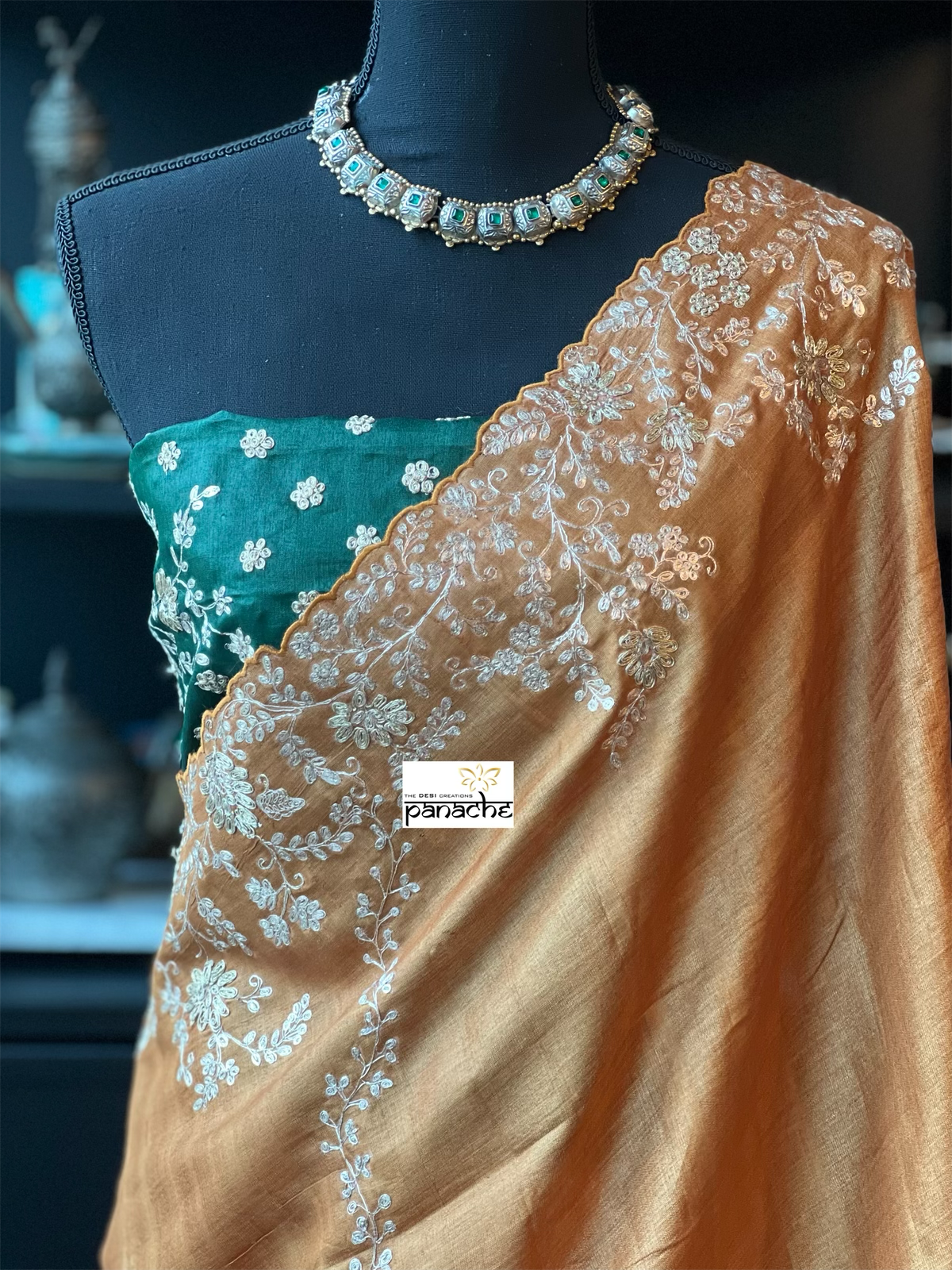 Designer Tussar Silk - Sunrise Orange Green Leheriya Hand Embroidered