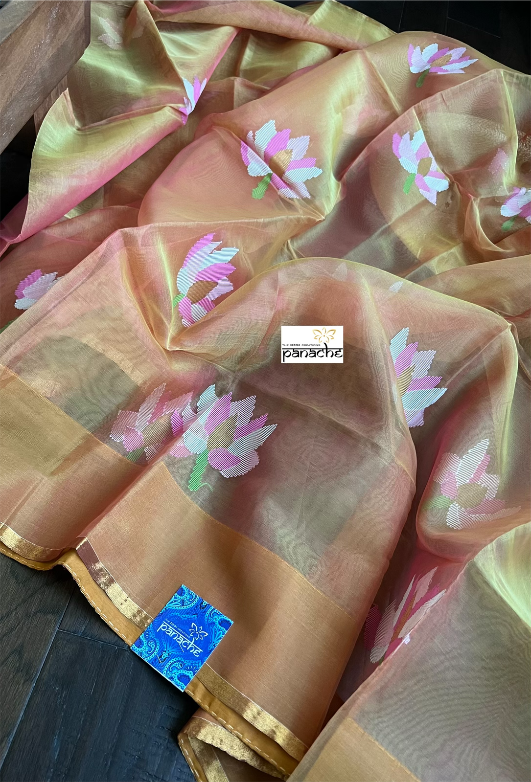 Tantuj Muslin Jamdaani- Pink Yellow Lotus