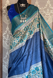 Pure Tussar Silk - Indigo Blue Hand Block Printed