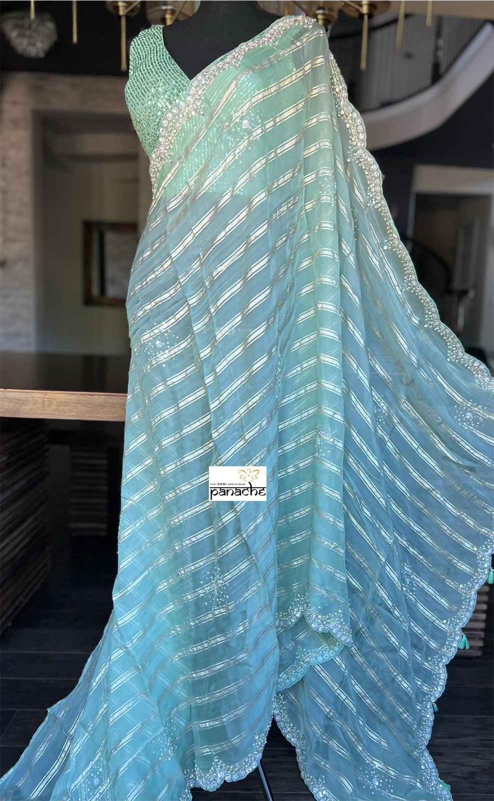 Designer Georgette Organza Hand Embroidered - Sea Green