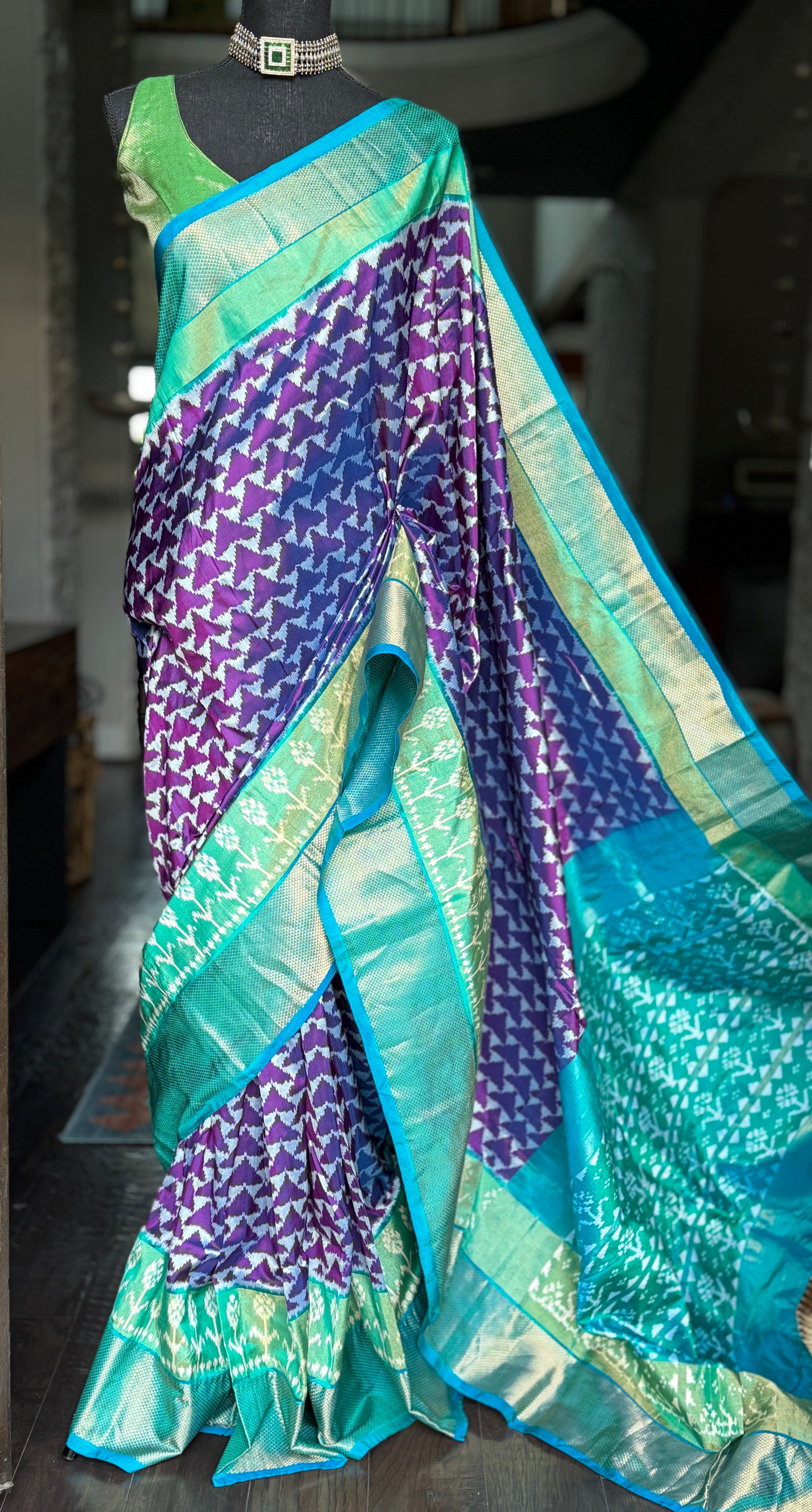 Pure Silk Ikat - Purple Sea Green Pochampally