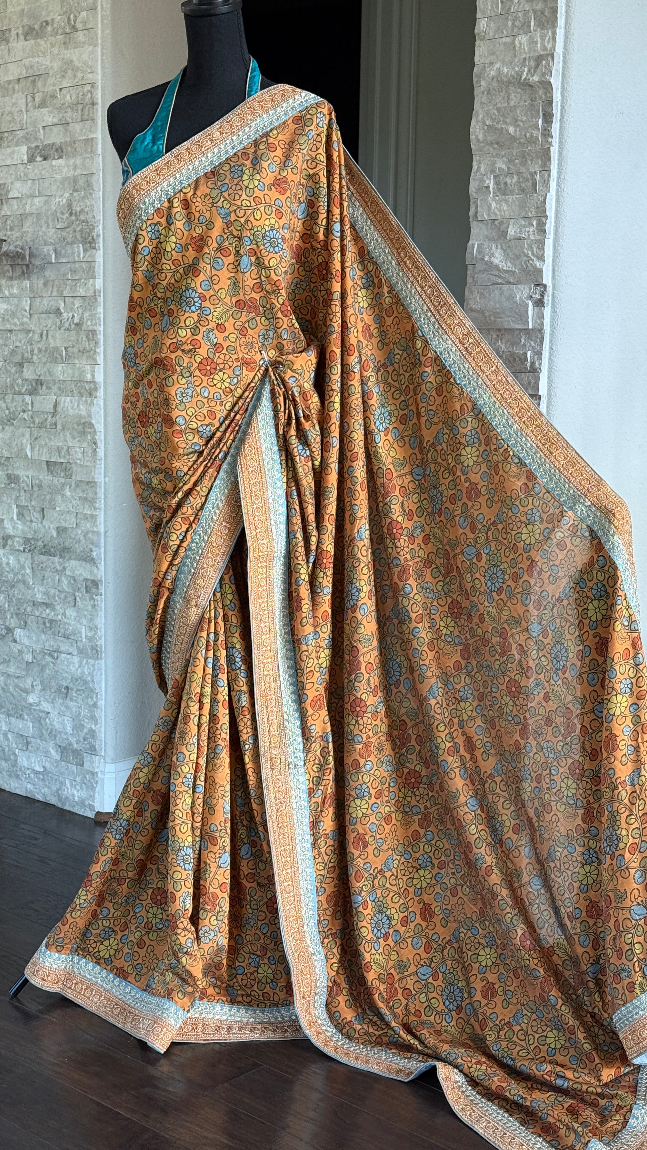 Designer Satin Maslin Kalamkari - Orange Blue