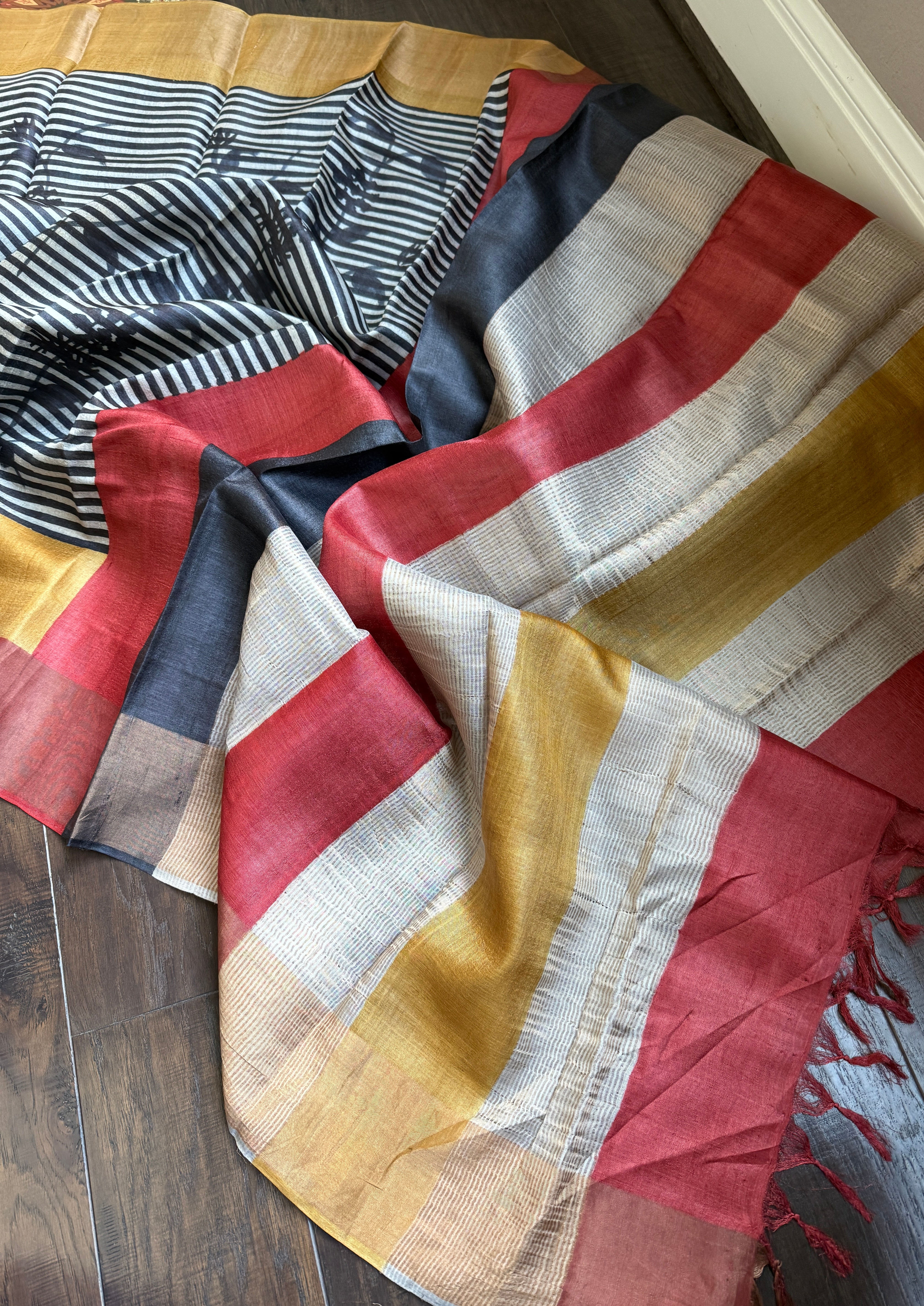 Pure Tussar Silk - Black Red Yellow