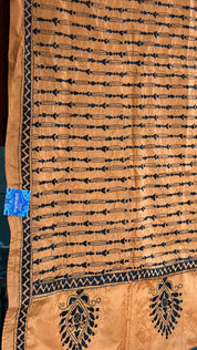 Pure Khadi Silk Stole - Brown Ochre Kantha Stitch