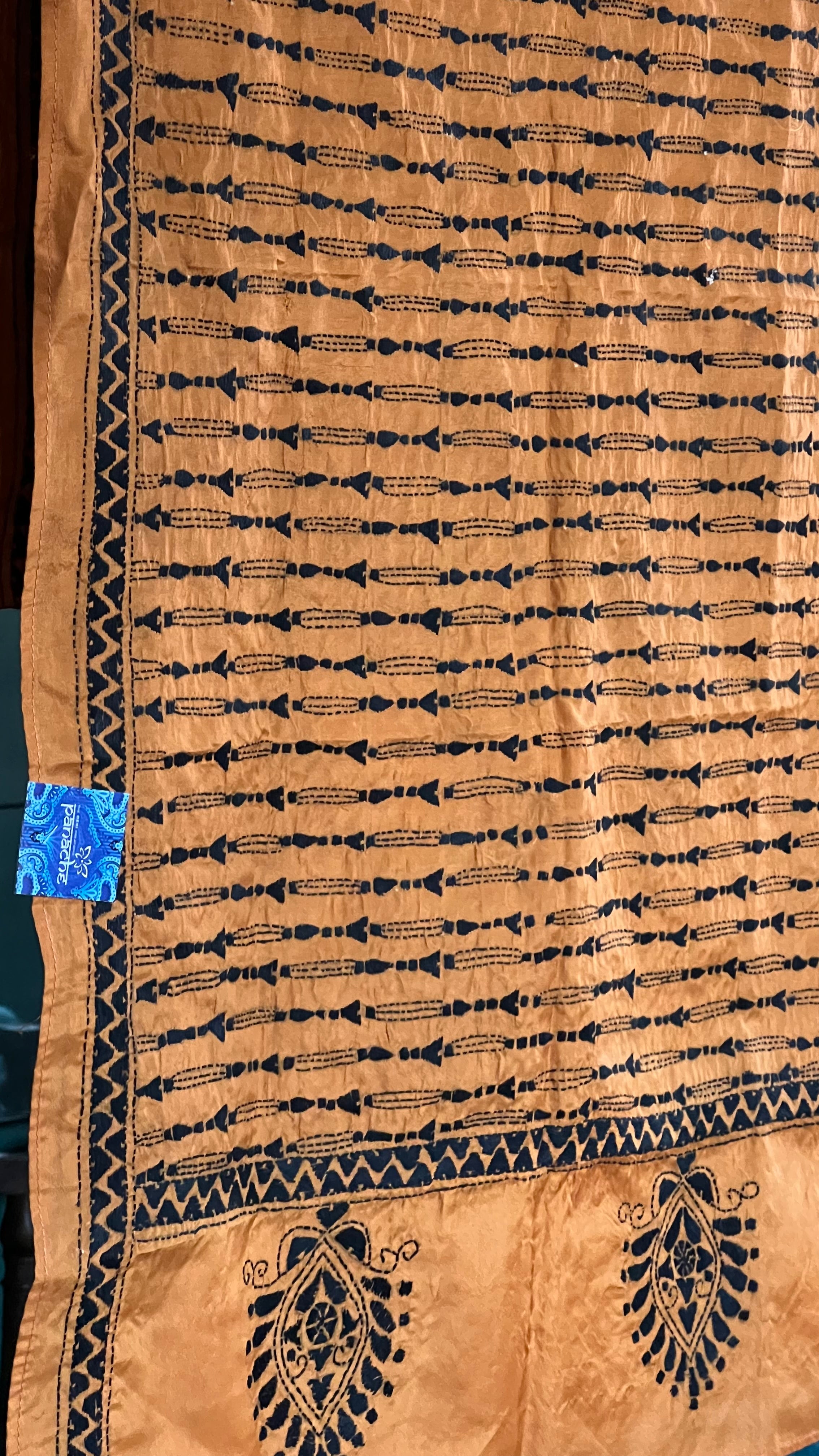 Pure Khadi Silk Stole - Brown Ochre Kantha Stitch