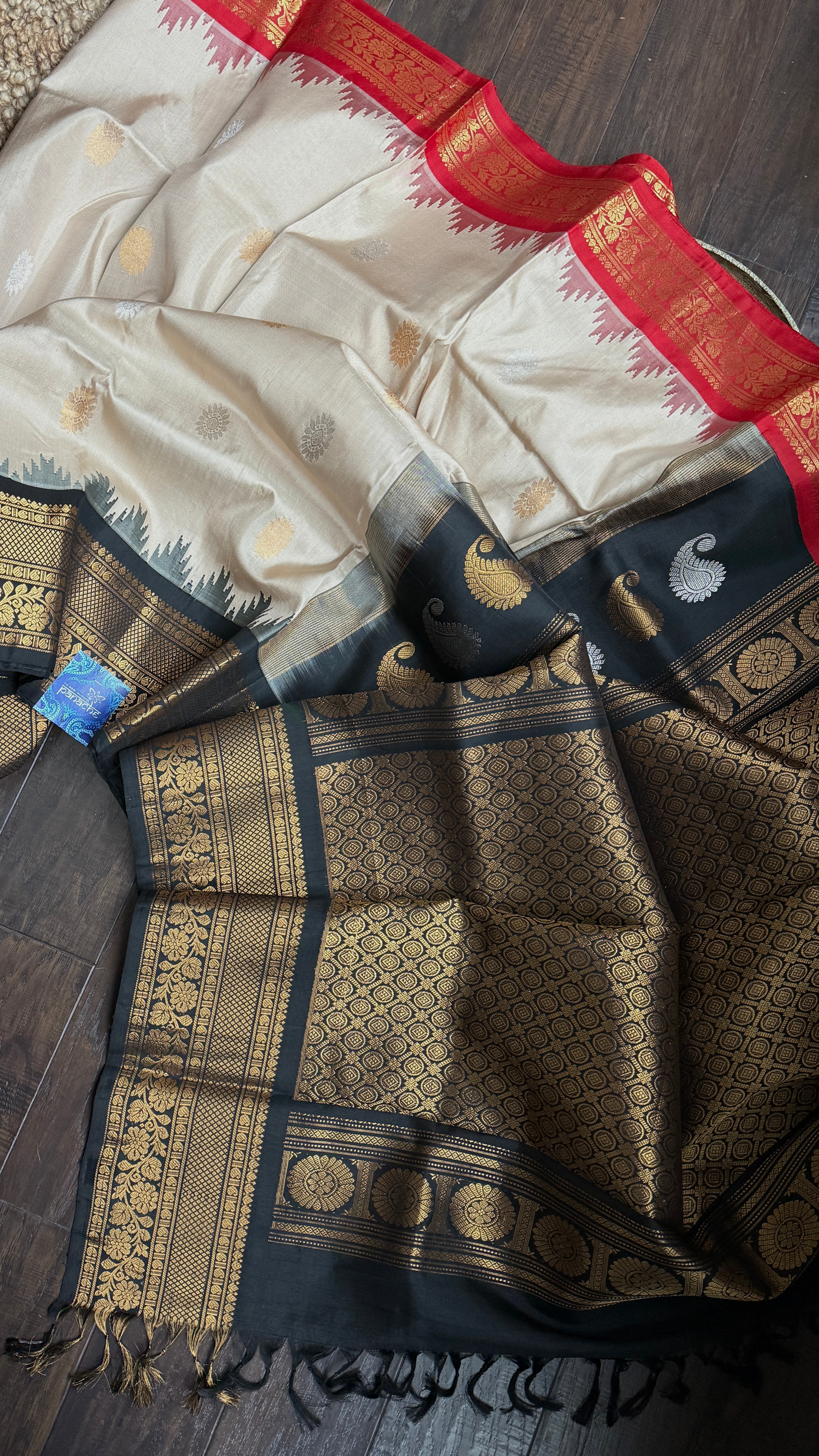 Pure Silk Gadwal - Tan Red Black Ganga Yamuna