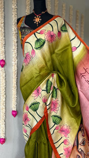 Hand Painted Tussar Silk - Mehendi Green Ganesha