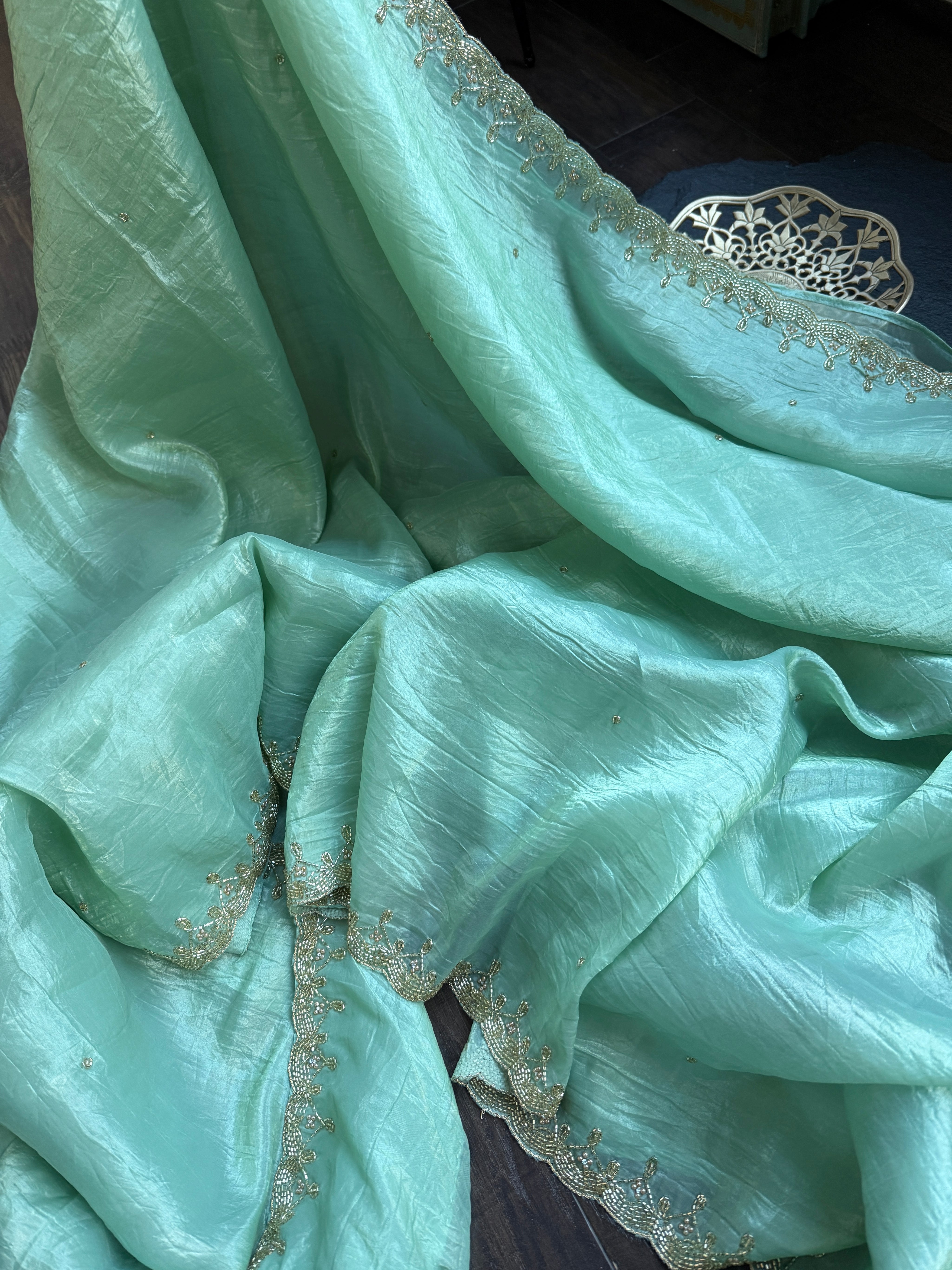 Designer Crushed Tissue Silk - Sea Gree Embroidered