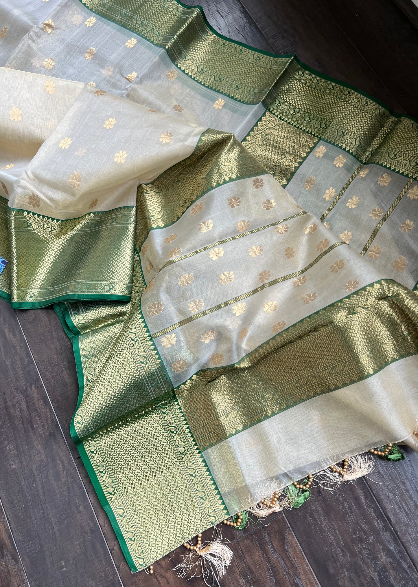 Pure Chanderi Tissue Organza Silk - Golden Beige Green Iknaliya